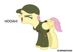 Size: 1600x1143 | Tagged: safe, artist:ethanchang, fluttershy, pegasus, pony, g4, 1st awesome platoon, alternate hairstyle, army, eyes closed, female, flutteryay, hooah, mare, military, military uniform, simple background, solo, us army, white background, yay