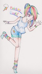 Size: 1767x3081 | Tagged: safe, artist:azelmajondrette, rainbow dash, human, g4, clothes, female, humanized, rainbow socks, socks, solo, striped socks, traditional art