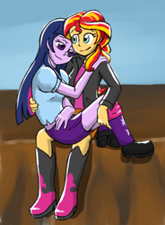 Size: 444x603 | Tagged: safe, artist:catlover1672, sunset shimmer, twilight sparkle, equestria girls, g4, my little pony equestria girls: rainbow rocks, cuddling, female, lesbian, ship:sunsetsparkle, shipping, twilight sparkle (alicorn)