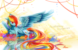 Size: 4000x2588 | Tagged: safe, artist:aquagalaxy, rainbow dash, pegasus, pony, g4, female, prone, reflection, solo, streamers