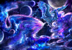 Size: 7000x4885 | Tagged: safe, artist:aquagalaxy, artist:php130, princess luna, alicorn, bat pony alicorn, pony, bodyguard au, g4, cloven hooves, collaboration, curved horn, ethereal mane, female, galaxy, goddess, horn, hybrid wings, lunabat, planet, race swap, scenery, scenery porn, solo, space, starry wings, stars, surreal, unshorn fetlocks