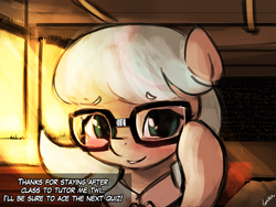 Size: 960x720 | Tagged: safe, artist:lumineko, coco pommel, earth pony, pony, g4, 30 minute art challenge, blushing, cocobetes, cute, dialogue, glasses, implied lesbian, implied twilight sparkle, math, smiling