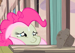 Size: 440x310 | Tagged: safe, screencap, pinkie pie, earth pony, pony, g4, season 5, the cutie map, animated, baked bads, chewing, cropped, eating, female, gif, green face, mare, muffin, nauseous, sick, solo, sweat, winnie the pink
