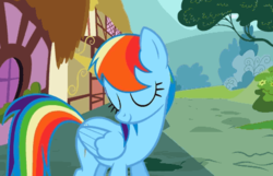 Size: 448x288 | Tagged: safe, screencap, rainbow dash, pegasus, pony, g4, the mysterious mare do well, eyes closed, female, folded wings, mare, solo, wings