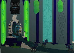 Size: 800x574 | Tagged: safe, artist:skunk412, queen chrysalis, changeling, changeling queen, g4, banner, chalice, changeling guard, chrysalis' throne, cocoon, dead, female, implied murder, low res image, royal throne room, skull, stained glass, throne, throne room, window