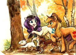 Size: 938x686 | Tagged: safe, artist:kenket, applejack, opalescence, rarity, winona, earth pony, pony, unicorn, g4, angry, autumn, boots, bow, clothes, dirty, eye contact, eyeshadow, female, floppy ears, forest, freckles, hat, lidded eyes, looking at each other, looking back, makeup, mare, nature, open mouth, raised hoof, raised leg, scarf, smiling, tongue out, traditional art, tree, walking