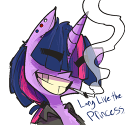 Size: 600x600 | Tagged: safe, artist:whydomenhavenipples, twilight sparkle, alicorn, pony, g4, alternate hairstyle, cigarette, clothes, dialogue, ear piercing, earring, eyebrows, female, grin, hair over eyes, jacket, jewelry, mare, piercing, pointy nose, simple background, smiling, smoke, smoking, solo, twilight sparkle (alicorn), white background