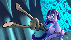 Size: 2880x1620 | Tagged: safe, artist:php87, starlight glimmer, g4, the cutie map, bipedal, cutie mark vault, female, foreshortening, obari pose, s5 starlight, solo, staff of sameness