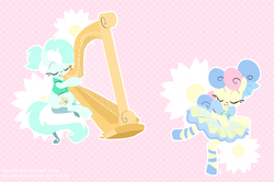 Size: 900x597 | Tagged: safe, artist:egophiliac, bon bon, lyra heartstrings, sweetie drops, earth pony, pony, unicorn, g4, abstract background, ballet, bipedal, clothes, dancing, dress, duo, eyes closed, flower, harp, musical instrument, ribbon, smiling, tutu