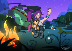 Size: 2560x1836 | Tagged: safe, artist:rainihorn, scootaloo, pony, g4, camping, crash, crossover, crouching, cute, fire, futurama, holding, holding a pony, male, night, sitting, spaceship, talking, turanga leela, wreck, x x everywhere