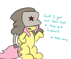 Size: 704x585 | Tagged: safe, artist:jargon scott, fluttershy, g4, clothes, communism, dialogue, female, hat, oversized clothes, solo, ushanka