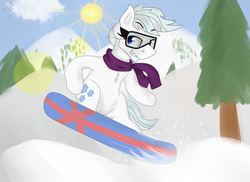 Size: 5500x4000 | Tagged: dead source, safe, artist:artistbrony, double diamond, earth pony, pony, g4, the cutie map, bipedal, clothes, cute, fluffy, goatee, goggles, grin, male, mountain, scarf, smirk, snow, snowboarding, solo, stallion, sun