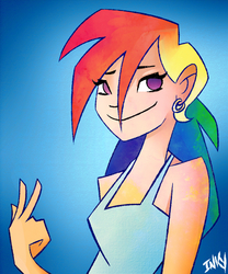 Size: 1000x1200 | Tagged: dead source, safe, artist:inkypsycho, rainbow dash, human, g4, bust, clothes, earring, female, humanized, piercing, smiling, solo, tank top