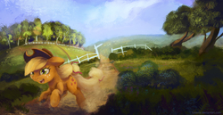 Size: 5000x2574 | Tagged: safe, artist:lukeine, applejack, g4, female, fence, field, flower, rearing, road, scenery, solo, tree