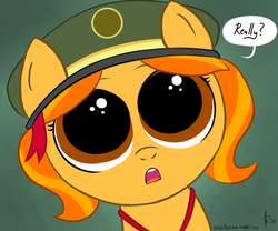 Size: 1200x1000 | Tagged: safe, artist:aa, oc, oc only, oc:dulce deleche, ask a filly scout, ask a fillyscout, askafillyscout, big eyes, filly guides, hat, pigtails, solo, stare