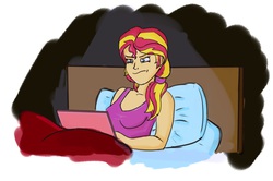 Size: 943x626 | Tagged: safe, artist:zicaneborgen, sunset shimmer, equestria girls, g4, bed, clothes, computer, female, laptop computer, solo, tank top