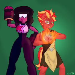 Size: 1280x1280 | Tagged: safe, artist:naomiknight17, oc, oc:pyro, gem (race), unicorn, anthro, crossover, duo, duo male and female, female, fire, fusion, garnet (steven universe), gauntlet, gem fusion, male, stallion, steven universe, weapon