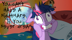 Size: 890x500 | Tagged: safe, screencap, twilight sparkle, pony, unicorn, g4, lesson zero, the cutie map, bed, crazy face, faic, female, floppy ears, golden oaks library, image macro, meme, solo, twilight snapple, you can't have a nightmare if you never dream