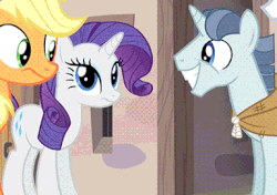 Size: 384x271 | Tagged: safe, screencap, applejack, double diamond, party favor, rarity, earth pony, pony, unicorn, g4, the cutie map, animated, awkward, creepy, eye contact, eyes on the prize, female, frown, grin, looking at each other, looking away, male, mare, nervous, smiling, squee, stallion, stepford smiler, uncomfortable
