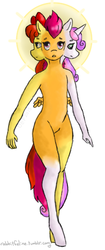Size: 232x552 | Tagged: safe, artist:bunnycat, apple bloom, scootaloo, sweetie belle, earth pony, pegasus, unicorn, anthro, g4, body horror, cephalothoracopagus, conjoined, conjoined triplets, cutie mark crusaders, frown, fusion, multiple heads, polycephaly, sad, sun, the ultimate cutie mark crusader, three heads, three-headed pony, we have become one, what has magic done