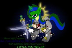 Size: 2912x1922 | Tagged: safe, artist:northern wind, oc, oc only, oc:northern wind, pony, unicorn, armor, bolter, crossover, female, grey knights, gun, gunshots, iron halo, magic, mare, nemesis falchions, power armor, power sword, powered exoskeleton, purity seal, shield, solo, storm bolter, sword, telekinesis, vector, warhammer (game), warhammer 40k, weapon