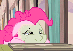 Size: 440x310 | Tagged: safe, edit, edited screencap, screencap, pinkie pie, earth pony, pony, g4, the cutie map, animated, baked bads, chewing, creepy, eating, female, green face, mare, muffin, nauseous, reversed, sick, solo, winnie the pink