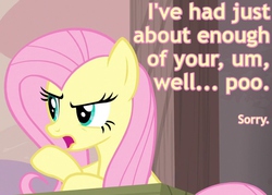 Size: 700x500 | Tagged: safe, edit, edited screencap, screencap, fluttershy, g4, the cutie map, angry, apology, caption, female, image macro, meme, open mouth, reaction image, self-censorship, solo, table, unhappy