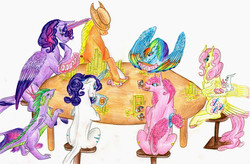Size: 6984x4584 | Tagged: safe, artist:dawn22eagle, angel bunny, applejack, fluttershy, pinkie pie, rainbow dash, rarity, twilight sparkle, alicorn, earth pony, pegasus, pony, unicorn, g4, absurd resolution, colored wings, colored wingtips, female, mane six, mare, playing card, poker, rainbow feathers, tail feathers, twilight sparkle (alicorn), wings