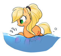 Size: 500x461 | Tagged: safe, artist:pan, applejack, g4, alternate hairstyle, female, high ponytail, long hair, pixiv, ponytail, solo, swimming