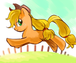 Size: 500x416 | Tagged: safe, artist:pan, applejack, g4, female, jumping, pixiv, solo