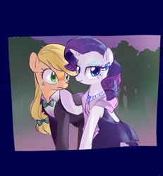 Size: 500x541 | Tagged: safe, artist:pan, applejack, rarity, g4, clothes, dress, female, lesbian, pixiv, ship:rarijack, shipping