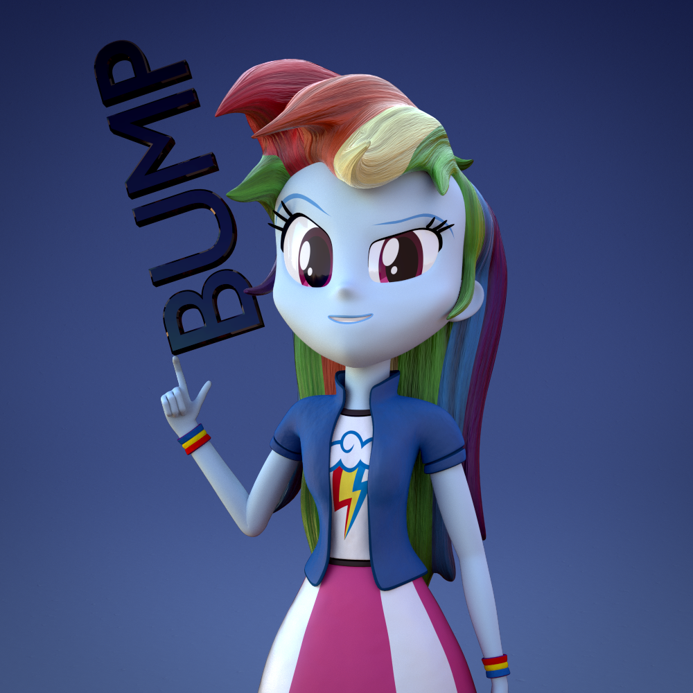 869631 - safe, artist:3d thread, artist:creatorofpony, rainbow dash, equestria  girls, g4, /mlp/, 3d, 3d model, blender, bump, clothes, collar, female,  shirt, skirt, solo, t-shirt, teenager, wristband - Derpibooru