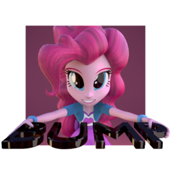 Size: 1000x1000 | Tagged: safe, artist:3d thread, artist:creatorofpony, pinkie pie, equestria girls, g4, /mlp/, 3d, 3d model, blender, bracelet, breaking the fourth wall, bump, clothes, female, grin, holding, leaning, looking at you, shirt, simple background, skirt, smiling, solo, teenager, transparent background, vest