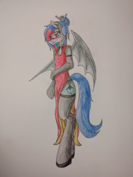 Size: 580x773 | Tagged: safe, artist:acespade777, oc, oc only, bat pony, anthro, unguligrade anthro, clothes, cute, rule 63, socks, thigh highs, traditional art