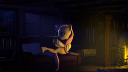 Size: 3000x1687 | Tagged: safe, artist:texas-doughnut, fluttershy, pegasus, pony, g4, 3d, couch, cup, dark, female, fireplace, home, on back, solo, source filmmaker, steam, winter