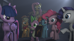 Size: 1920x1080 | Tagged: safe, artist:bronycrystalnight, applejack, fluttershy, pinkie pie, rainbow dash, rarity, spike, twilight sparkle, alicorn, pony, g4, journal of the two sisters, 3d, female, floating, mane seven, mane six, mare, source filmmaker, twilight sparkle (alicorn)