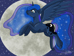 Size: 800x600 | Tagged: safe, artist:littlewolfstudios, princess luna, alicorn, pony, g4, female, flying, moon, night sky, princess, solo, stars