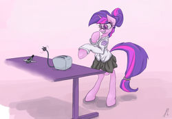 Size: 1505x1050 | Tagged: safe, artist:lightf4lls, sci-twi, twilight sparkle, pony, unicorn, g4, bipedal, clothes, female, ghostbusters, ghostbusters 2, glasses, grin, hair bun, hooves, horn, mare, safety goggles, scientist, shirt, skirt, solo, teeth, toaster, unicorn sci-twi