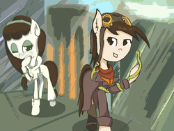 Size: 1600x1200 | Tagged: safe, artist:cblpo4ek, worm, cletus (deponia), cloak, clothes, crossover, daedalic entertainment, deponia, disgusted, gear, gears, glasses, goggles, goodbye deponia, ponified, rufus (deponia), rule 63, safety goggles, scarf, steampunk