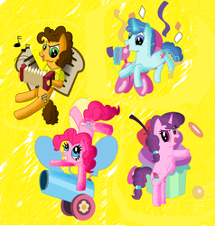 Size: 2232x2344 | Tagged: safe, artist:stellarbubbles, cheese sandwich, party favor, pinkie pie, sugar belle, g4, the cutie map, accordion, balloon, high res, musical instrument, party cannon, party quartet