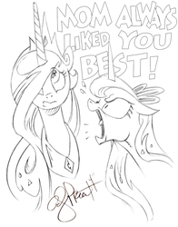 Size: 768x981 | Tagged: source needed, useless source url, safe, artist:andy price, princess celestia, princess luna, g4, comedy, monochrome, sibling rivalry, sisters