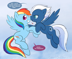 Size: 1100x910 | Tagged: safe, artist:spiralshockwave, night glider, rainbow dash, pegasus, pony, the cutie map, bedroom eyes, blushing, boop, dialogue, duo, female, flirting, flying, grin, heart, lesbian, mare, nightdash, noseboop, nuzzling, shipping