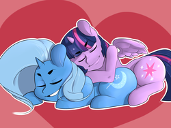 Size: 1280x960 | Tagged: safe, artist:mcnims, trixie, twilight sparkle, alicorn, pony, g4, explicit source, female, lesbian, mare, ship:twixie, shipping, sleeping, snuggling, twilight sparkle (alicorn)