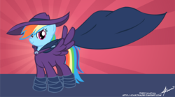 Size: 2241x1250 | Tagged: safe, artist:furrikira, mare do well, rainbow dash, pegasus, pony, g4, the mysterious mare do well, cape, clothes, costume, female, hat, mare, mare do well costume, mare do well dash, solo, sunburst background