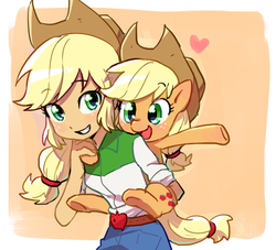 Size: 551x500 | Tagged: dead source, safe, artist:baekgup, applejack, earth pony, human, pony, equestria girls, g4, applejack's hat, blushing, clothes, cowboy hat, cute, female, freckles, hat, heart, human ponidox, jackabetes, mare, open mouth, piggyback ride, ponies riding humans, riding, self riding, shirt, skirt, smiling, square crossover