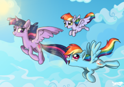 Size: 1752x1239 | Tagged: safe, artist:lostinthetrees, rainbow dash, twilight sparkle, oc, oc:feather wind, alicorn, pony, g4, female, flying, lesbian, magical lesbian spawn, mare, offspring, parent:rainbow dash, parent:twilight sparkle, parents:twidash, ship:twidash, shipping, twilight sparkle (alicorn)