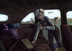 Size: 1220x876 | Tagged: safe, artist:agm, trixie, human, wandering trixie, g4, buick roadmaster, cape, car, clothes, dialogue, gun, handgun, hat, humanized, pistol, suitcase, surprised, trixie's cape, trixie's hat, vest, waistcoat