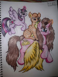 Size: 2736x3648 | Tagged: safe, artist:shelby100, twilight sparkle, oc, oc:althea, oc:carmela, alicorn, deer, pony, g4, alicorn oc, high res, magic, riding, traditional art, trio, twilight sparkle (alicorn)