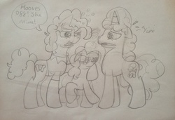 Size: 2248x1536 | Tagged: safe, cheese sandwich, party favor, pinkie pie, g4, the cutie map, argument, female, love triangle, male, party trio, pinkie pie gets all the stallions, ship:cheesepie, ship:partypie, shipping, sketch, straight, traditional art