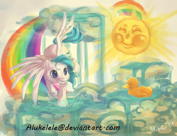 Size: 800x618 | Tagged: safe, artist:alukelele, duck soup, sprinkles (g1), duck, g1, cloud, cloudy, rainbow, sun, waterfall